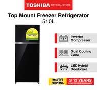 Toshiba GR-AG55SDZ(XK) Black Tempered Glass Top Mount Freezer Refrigerator, 510L, Energy Rating 3 Ticks