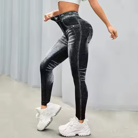 Women's Gym Printed Yoga Tight Pants Seamless High Waisted Denim-like Perforated Fake Pocket Tight P