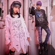 原創龐克風地獄巴風特割破漸層感不規則長袖T恤多重鐵鍊【JJ2554