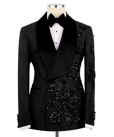Fashion Jacquard Men Suits Stones Crystals Tuxedos Wedding Party Outfit Customized Slim Blazer 2 Pie