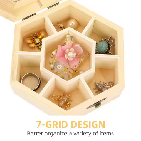 7 Grids Wooden Jewelry Box Handmade Hexagon Storage Box Lightweight Snow Clay Diy Jewelry Storage Gl
