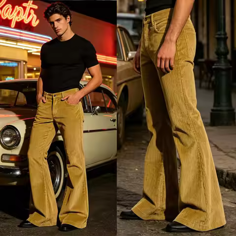 Men's Corduroy Flare Pants Vintage High Waist Bell Bottom Trousers Casual Soft Pants Wedding Ball Pa