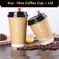 8oz-16oz Coffee Paper Cup with Lid 40-50pcs | Thick Wall Coffee Paper Cup | Cawan Kopi | Coffee Hot 