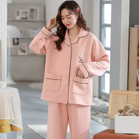 Autumn Winter Cotton Quilted Women's Pyjamas Big Yards M-5XL Pajamas Set Casual Female Sleepwear Pyj