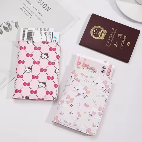 Hello Kitty Women Passport Cover PU Leather Multifunction Credit Card Purse Passport Holder Plane Ti