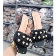 Dép nữ cao gót vuông 5p quai dún ren kết châu to - G89