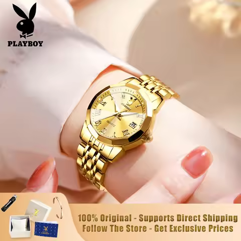 PLAYBOY 3502 Brand Original Authentic Diamond-Shaped Mirror Double Calendar Stainless Steel Strap Wo