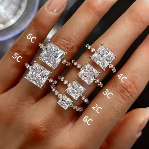 Butterflykiss New 2-6CT Moissanite Women's Princess Cut Ring S925 Sterling Silver 18K Gold Plated Lu