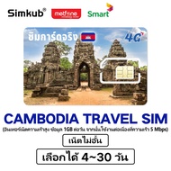 CAMBODIA SIM ซิมกัมพูชา ซิมท่องเที่ยวกัมพูชา 4G อินเตอร์เนตไม่จำกัด เลือกได้ 4-30วัน เครือข่าย smart