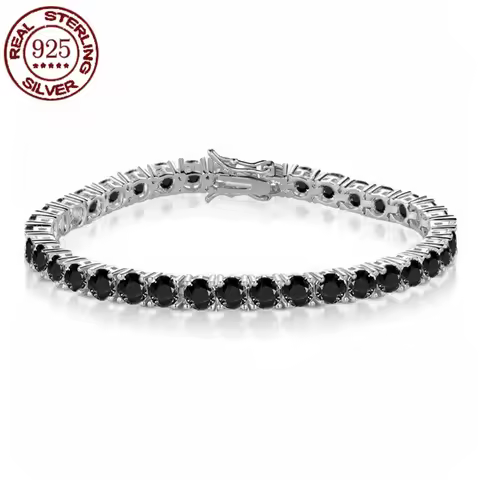 100% Real S925 Sterling Silver Plated 18K Gold 5A Grade Zircon Black Tennis Bracelet for Men and Wom