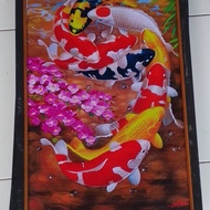 Lukisan Cetak Ikan Koi Dan Bunga Sakura Plus Bingkai Termurah