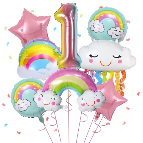 8pcs Rainbow Smile Cloud Balloon 32 inch Gradient Number Foil Balloons 1-9 Year Old Kids Birthday Pa
