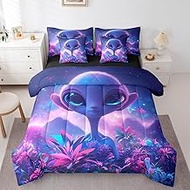 Erosebridal Trippy Alien Kids Full Comforter Set 7 Piece Purple Cartoon Alien Girls Bedding Set Purp