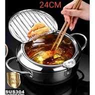 304 Stainless Steel Tempura Fryer Pot Deep Frying Pot Pan Temperature Indicator Thermometer/Lid Peri