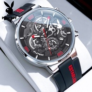 PLAYBOY Jam Tangan Pria Anti Air Original Kalender Kronograf Tali Silikon Bercahaya Jam Tangan Sport