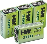 HW 9V Rechargeable Batteries for Smoke Detector, 4 Pack NiMH 200mAh 9 Volt Battery with 1.5 Hour Fas