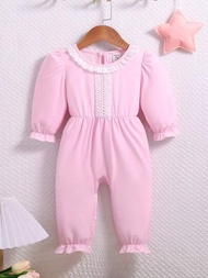 嬰兒女童可愛粉色蕾絲修邊簡約風居家服裝