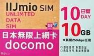 NTT Docomo - IIJmio【日本】10天 10GB 高速4G 無限上網卡數據卡電話卡Sim咭 10日任用無限日本卡 (10GB FUP)
