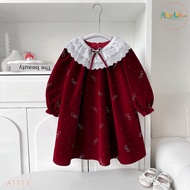 Váy bé gái ALBERKIDS nhung đính đá nơ lấp lánh cổ ren cho trẻ em 2-12 tuổi A1113