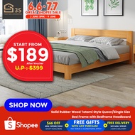[3S  FURNITURE] Solid Rubber Wood Tatami Style Queen/Single Size Bed Frame with Bedframe Headboard + Mattress