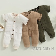 BABYGARDEN-0-24 months Baby Boys Summer Casual Solid Color Short Sleeve O Neck Button Down Jumpsuit