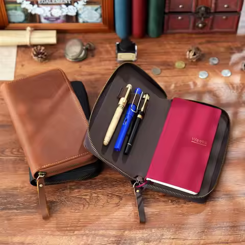 Genuine Leather Zip Cover For Hobonichi Weeks/ Weeks Mega Notebooks Journal - with 3 Pen Slots, Crea