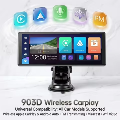 10.26" 903D Portable Wireless CarPlay Android Auto Built in Rear View Dash Cam DVR Radio Multimedia 