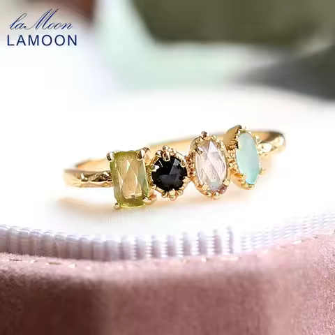LAMOON Gemstone Rings For Women Natural Peridot Corundum Labradorite Amazonite Ring 925 Sterling Sil
