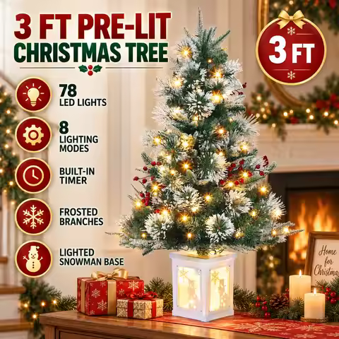 3 FT Pre Lit Artificial Mini Christmas Tree with 78 LED Lights 8 Lighting Modes Built In Timer Frost