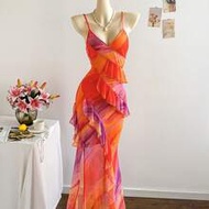 Women's Tie Dye Print Ruffle Collar Layered Flounce Hem Maxi Dress, Vacation Elegant Dress, White Dr