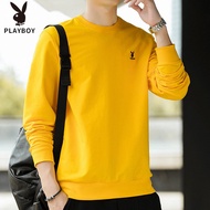 PLAYBOY เสื้อยืดแขนยาวผู้ชายคอกลมแฟชั่นฤดูใบไม้ร่วงเรียบง่ายเสื้อกันหนาวปักโลโก้เกาหลี