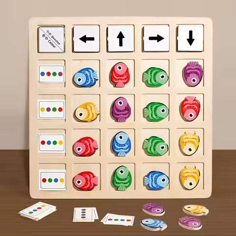 Montessori Wooden Toys Logic Thinking Training Wooden Puzzle Board Game Desktop Fish Direction Educa