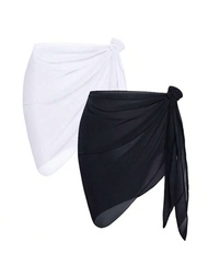2pcs/1pc Women Black & White Beach Cover Up Sarong & Bikini Swimsuit Set, Suitable For Beach Travel
