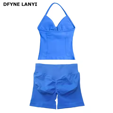 DFYNE LANYI Longline Strappy Top+Shorts 2 Piece Yoga Sets Women Gym Clothes Fitness Suit Impact Shor