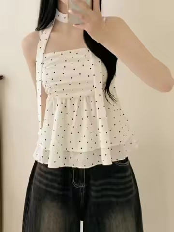Korean Sle Hanging Ne Polka Dot Strap Vest Women's Design Sensation Waist Inward Ele Chiffon Top Sma