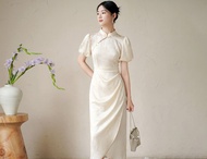 新中式 收腰改良立領短袖高端醋酸旗袍洋裝