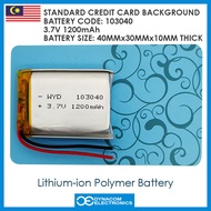 3.7V 1200mAh 103040 Lithium Polymer Battery MP3 MP4 GPS Bluetooth Watch Microphone [Bateri Lipo]