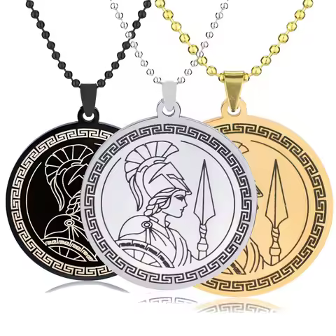 Ancient Greek Goddess of War Athena Necklace Men Women Round Brand Stainless Steel Pendant Necklace 