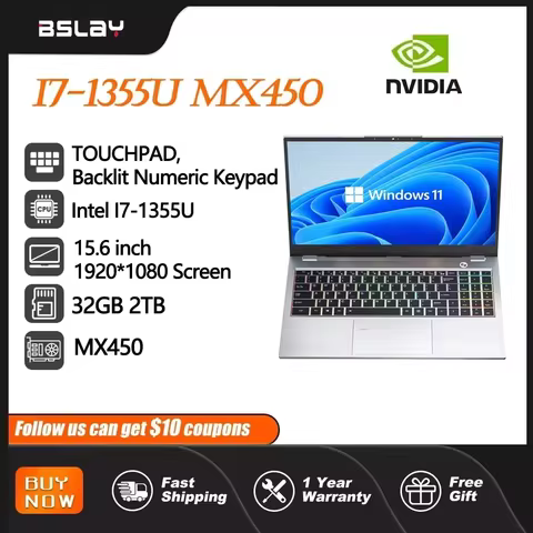 Laptop 15.6 Inch Intel I7-1355U NVIDIA MX450 Backlit Keyboard 32GB RAM 2TB SSD DDR4 Win11 Fingerprin