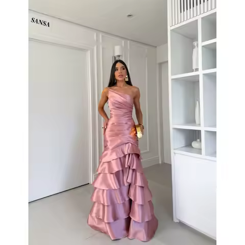 Sansa Customized Pink Tiered Ruffle Mermaid Corset Prom Dresses Sleeveless Vestidos De Noche Floor-L