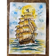Junk Ship Painting Auspicious Watercolor Size A4/27x30cm Bond Paper Put It In A Frame Beautifully De