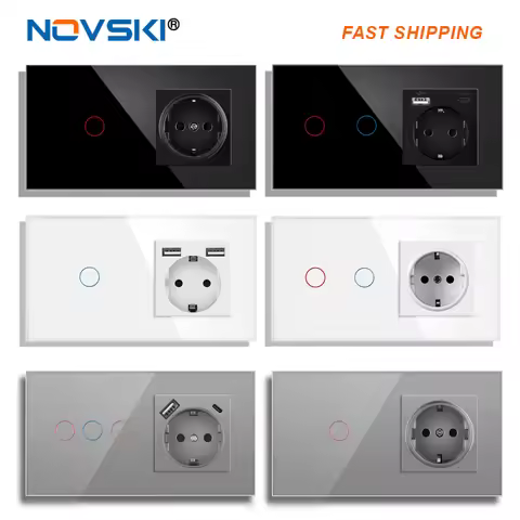 Touch Sensor Switch With Socket With Usb Crystal Glass Panel 153*82mm 220V 16A Wall Socket With Ligh