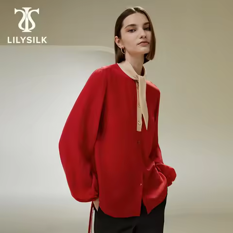 LILYSILK Silk Patchwork Blouse for Women Drawstring Sleeves Tied Neck Button Front Elegant Top