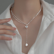 Retro Baroque ngọc trai tình yêu Vòng Cổ Tua phụ nữ Vòng cổ đôi ánh sáng mới sang trọng nhỏ dây chuy