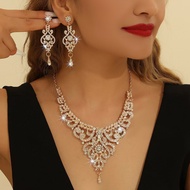 Golden Zinc Alloy Inlaid White Rhinestone Palace Hollow Necklace Earrings Set Female Jewelry Jewelry