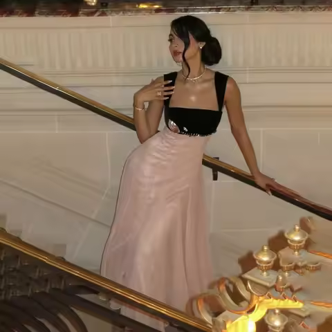 Sharon Said Dubai Pink Chiffon Midi Dress Evening Dress with Black Velvet Crystal for Women Wedding 