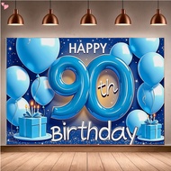 Blue Theme Happy 90th Birthday Banner Reusable Birthday Decoration Elegant Design Polyester Material