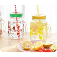 ◊500ml Colored Mason Jar With Reusable Straw Bottle Glass Mug Emboss Cold Drink Summer Collection