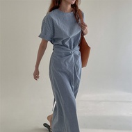 Design Sense Cross Strap French Waist Dress Womens Summer New Slim Fashion Short Sleeve Striped Long