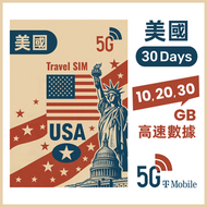 T-Mobile - 美國【30日】10GB/20GB/30GB 高速5G/4G 無限上網數據卡電話卡 USA Sim